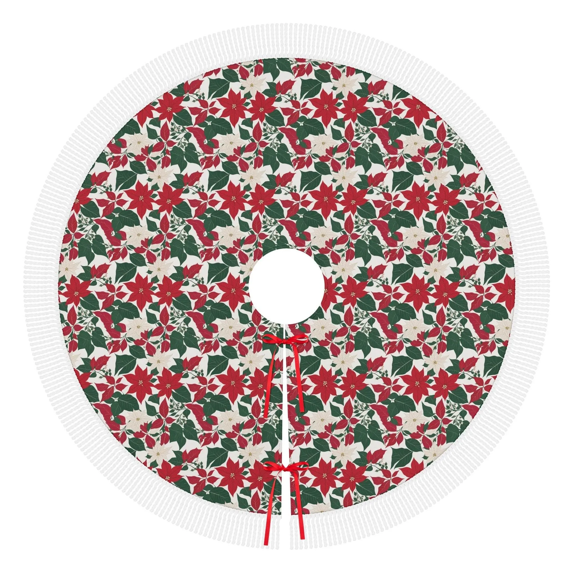 Red and White Poinsettia Flower Fringed Christmas Tree Skirts