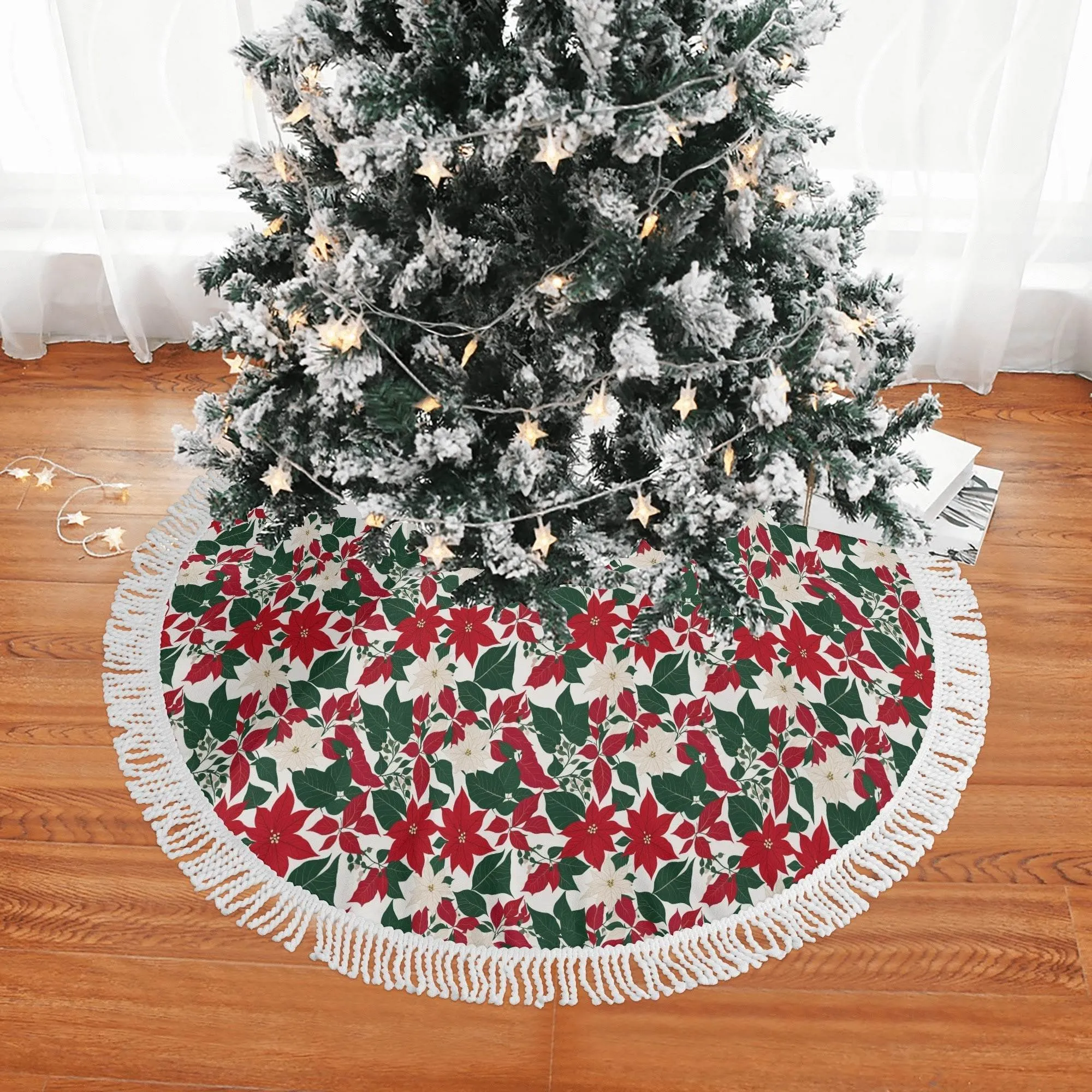 Red and White Poinsettia Flower Fringed Christmas Tree Skirts