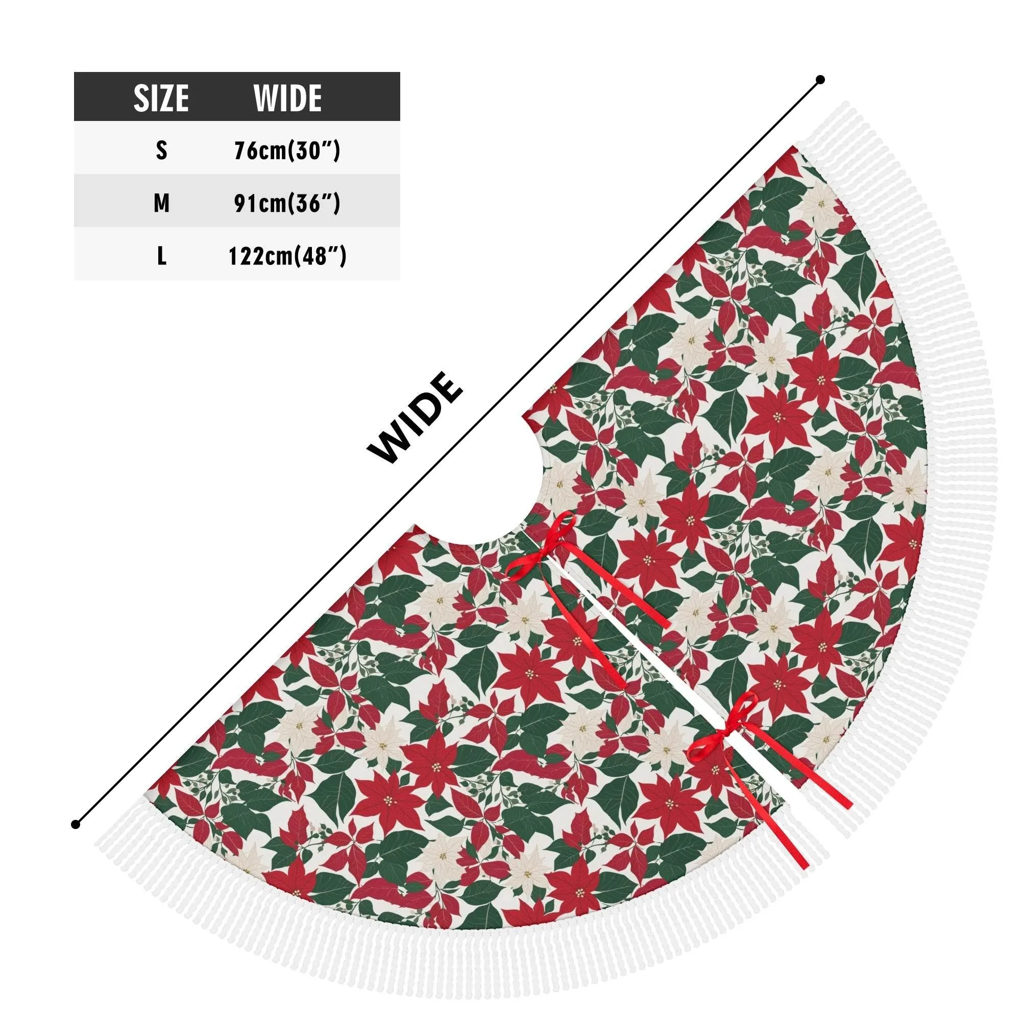 Red and White Poinsettia Flower Fringed Christmas Tree Skirts