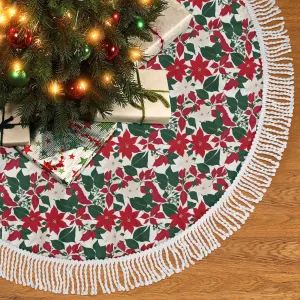 Red and White Poinsettia Flower Fringed Christmas Tree Skirts