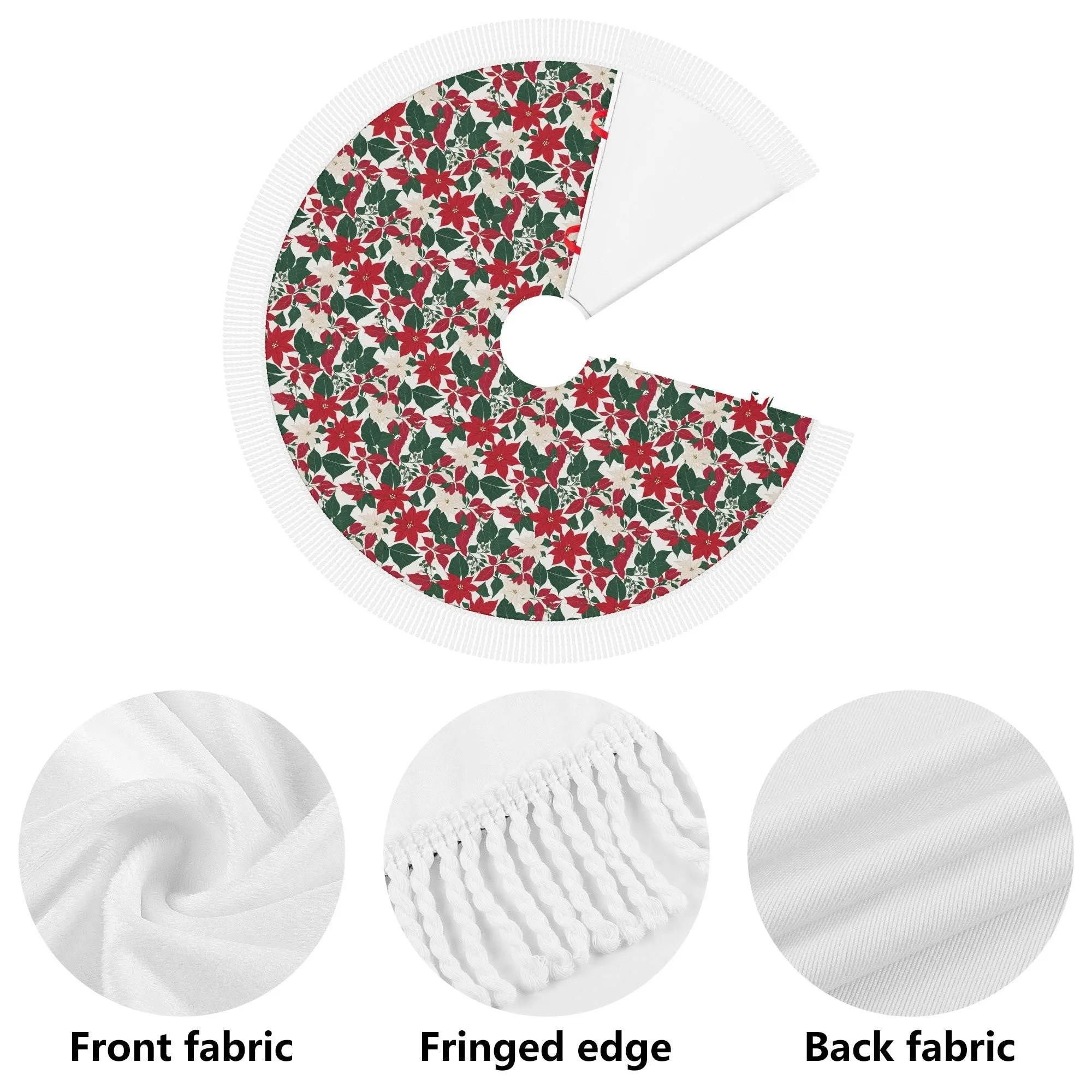 Red and White Poinsettia Flower Fringed Christmas Tree Skirts