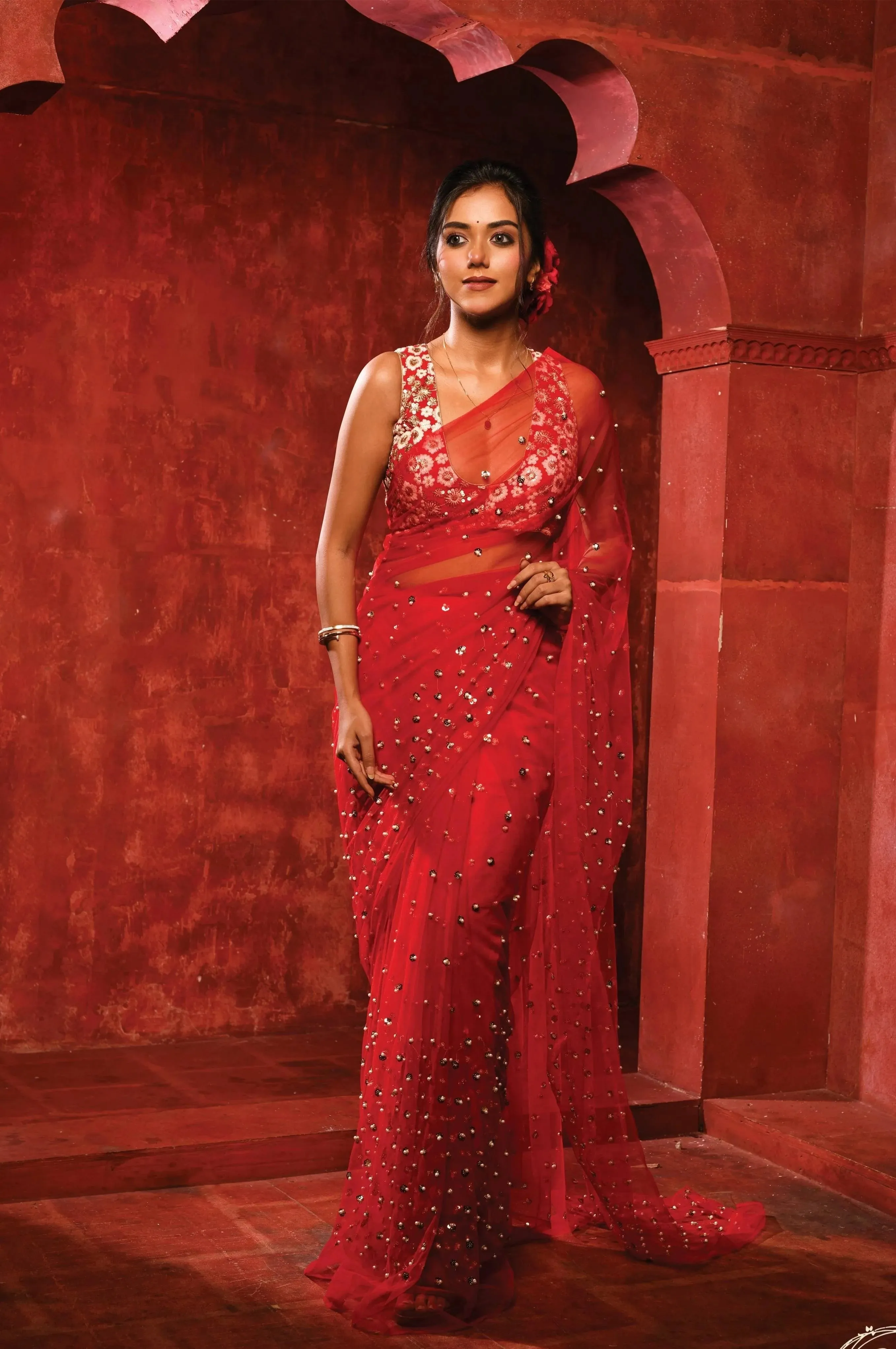 Red Net Silk Saree with Red Brocade Sleeveless Blouse