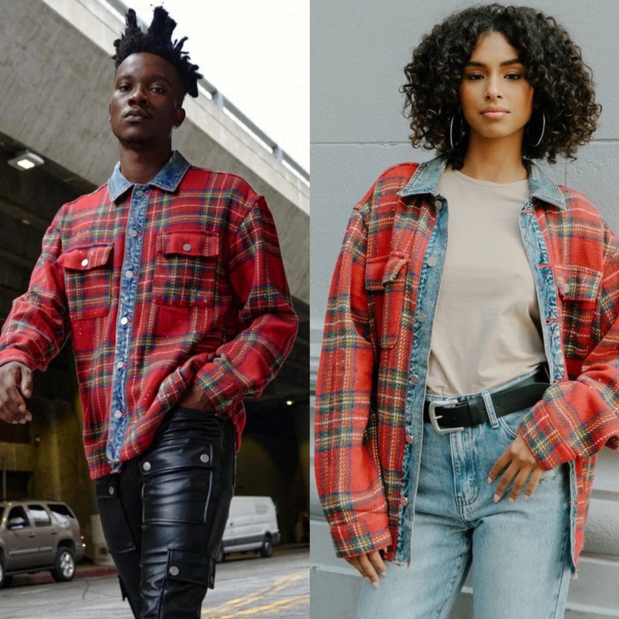 RED UNISEX FLANNEL SHACKET WITH DENIM CONTRAST