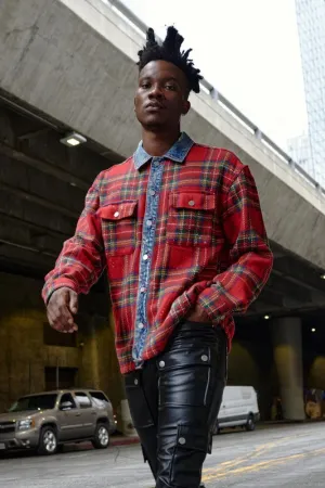 RED UNISEX FLANNEL SHACKET WITH DENIM CONTRAST