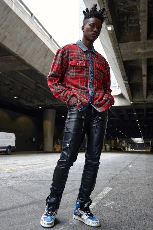 RED UNISEX FLANNEL SHACKET WITH DENIM CONTRAST