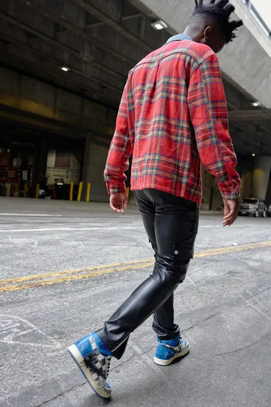 RED UNISEX FLANNEL SHACKET WITH DENIM CONTRAST