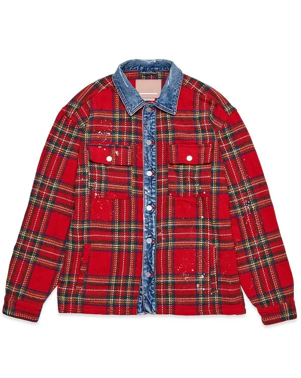 RED UNISEX FLANNEL SHACKET WITH DENIM CONTRAST