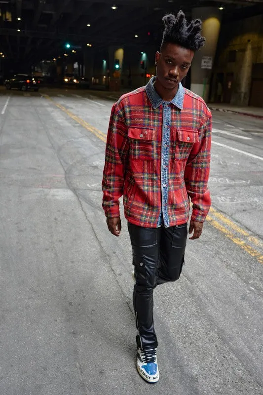 RED UNISEX FLANNEL SHACKET WITH DENIM CONTRAST