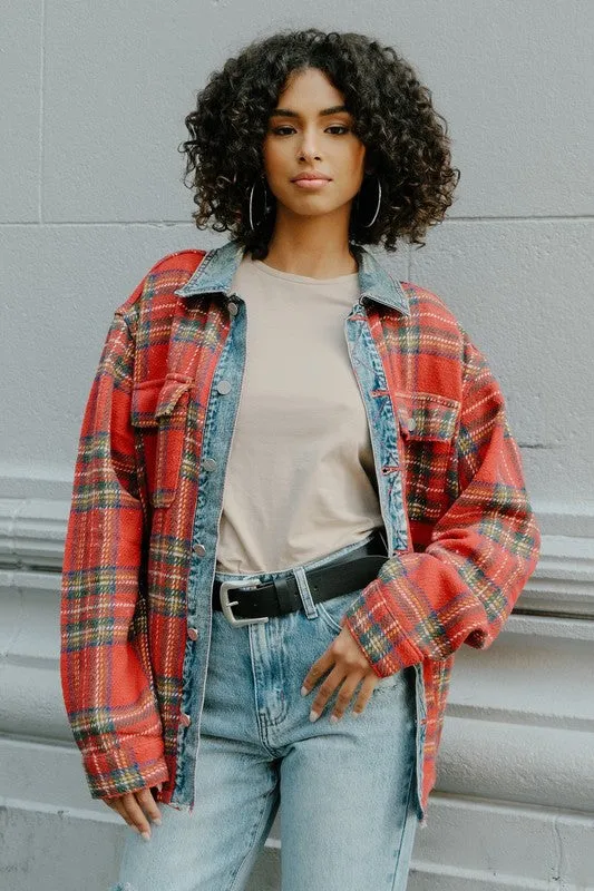 RED UNISEX FLANNEL SHACKET WITH DENIM CONTRAST