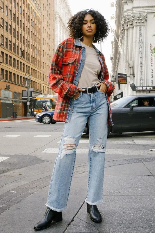 RED UNISEX FLANNEL SHACKET WITH DENIM CONTRAST