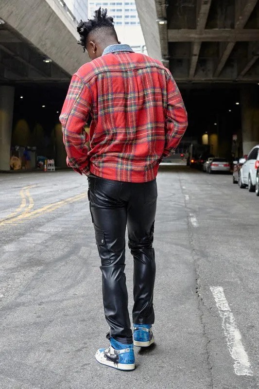 RED UNISEX FLANNEL SHACKET WITH DENIM CONTRAST