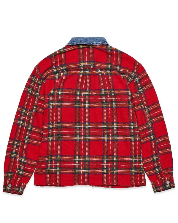 RED UNISEX FLANNEL SHACKET WITH DENIM CONTRAST