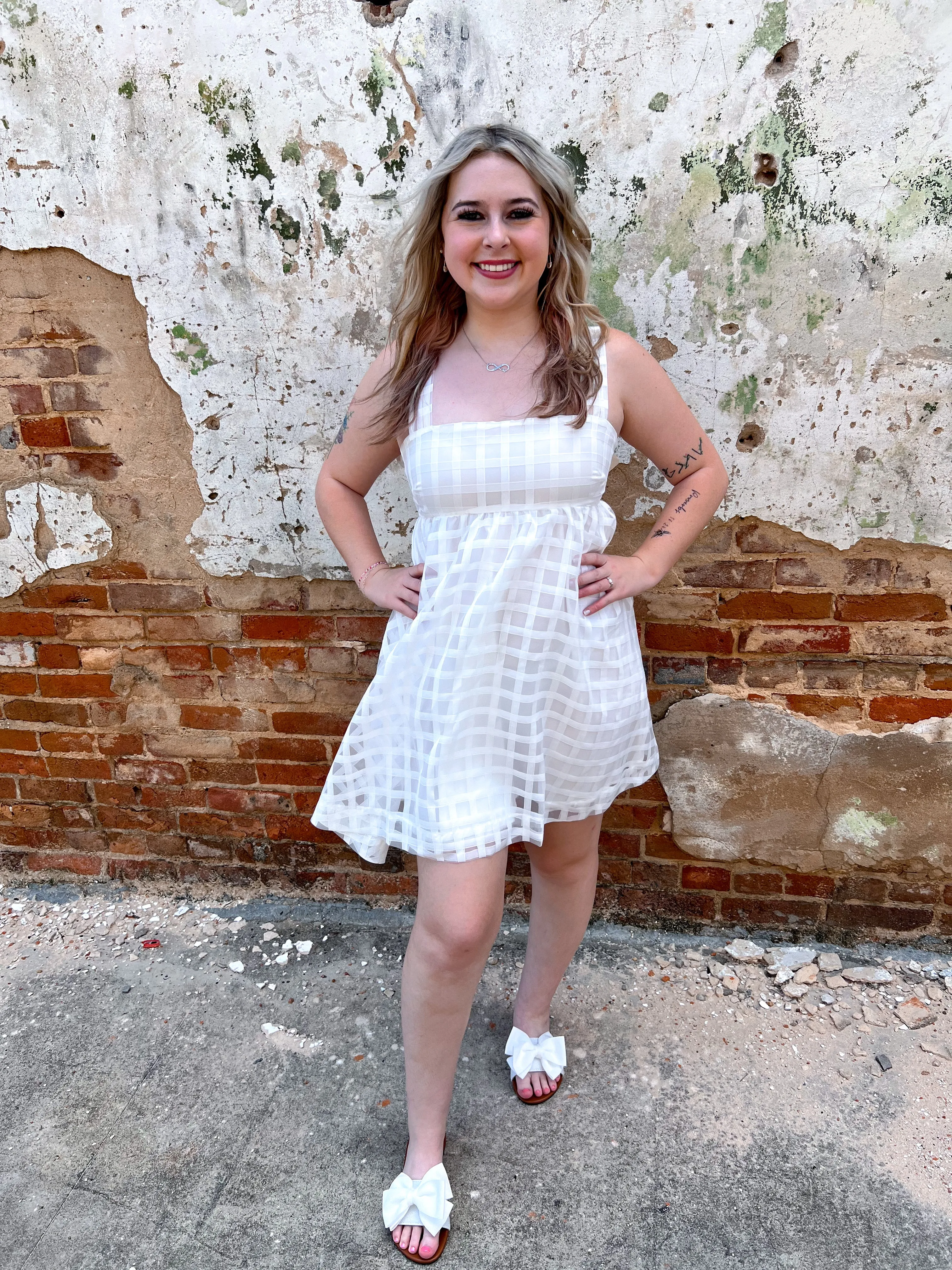 Selah White Checkered Flowy Dress