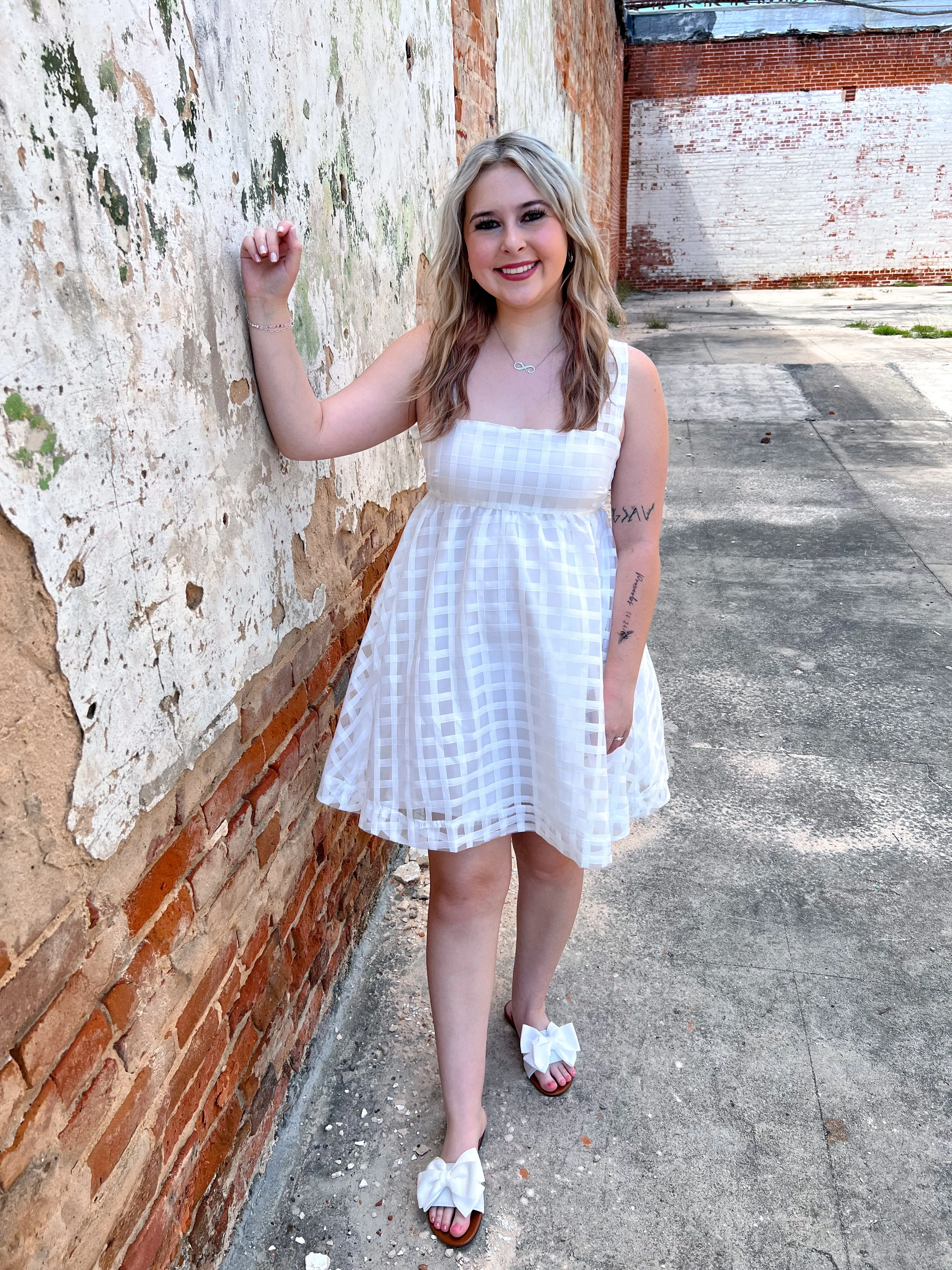 Selah White Checkered Flowy Dress
