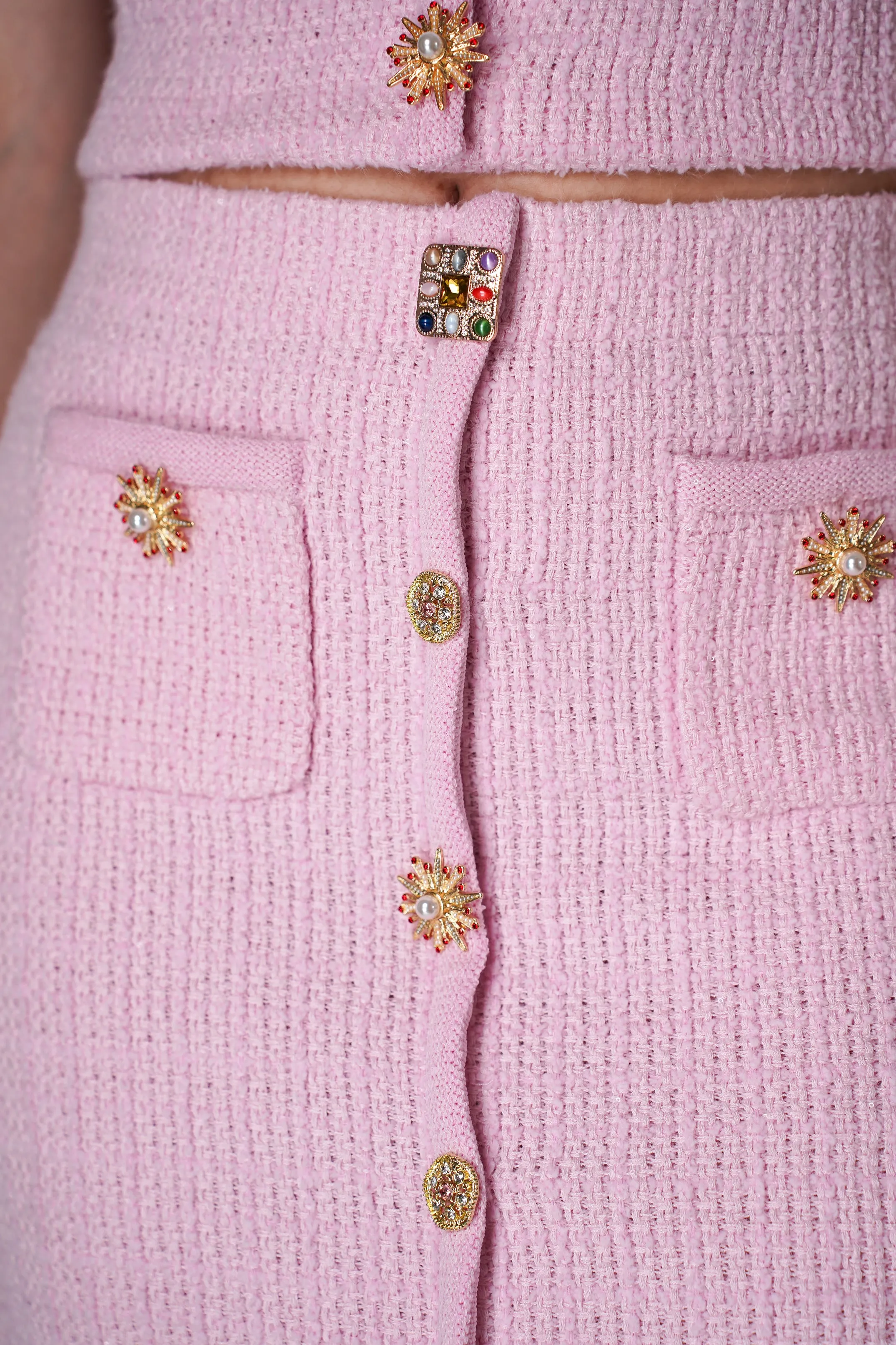 Self-Portrait Pink Jewel Button Knit Mini Skirt