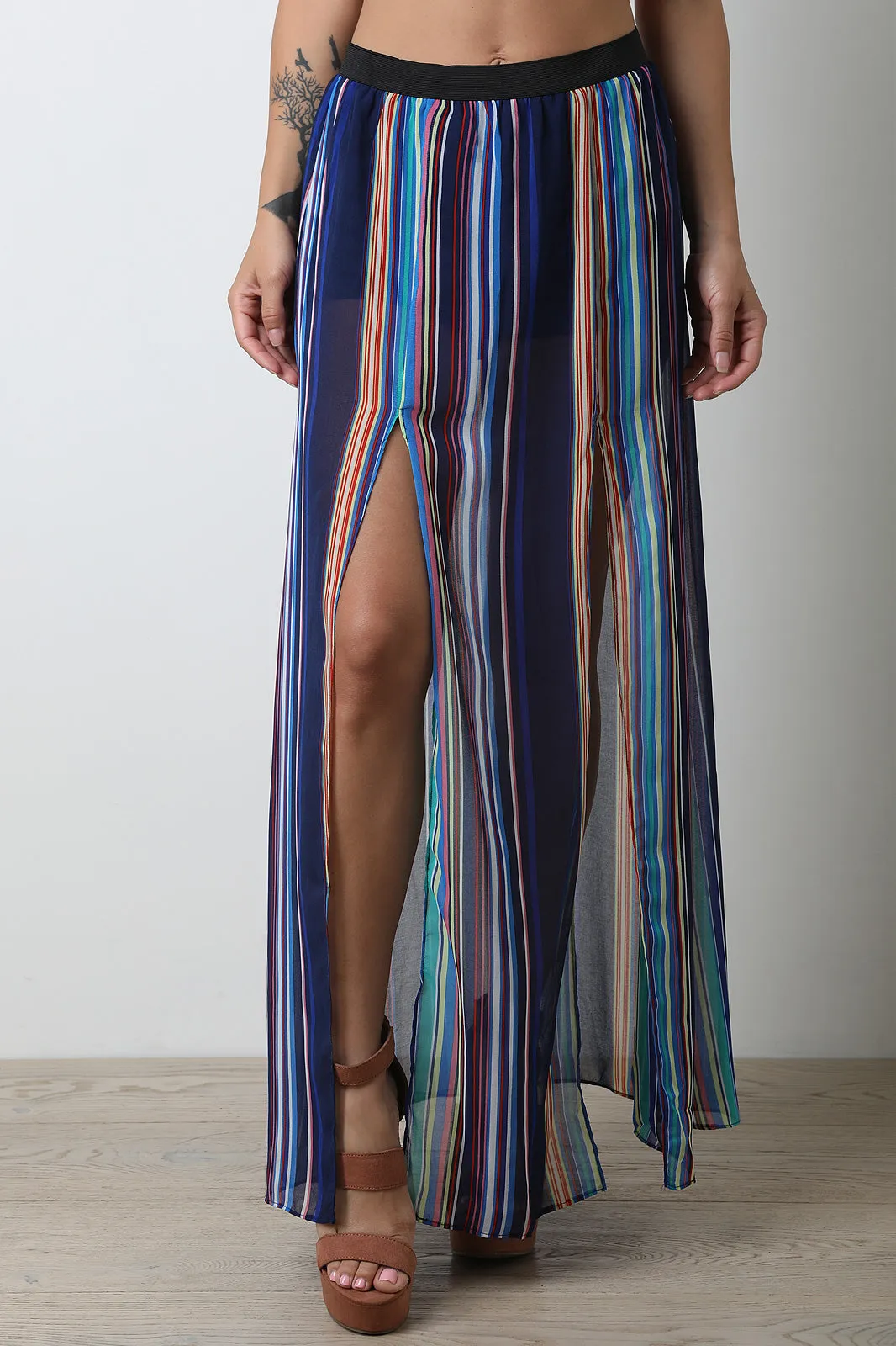 Semi-Sheer Striped M-Slit Maxi Skirt