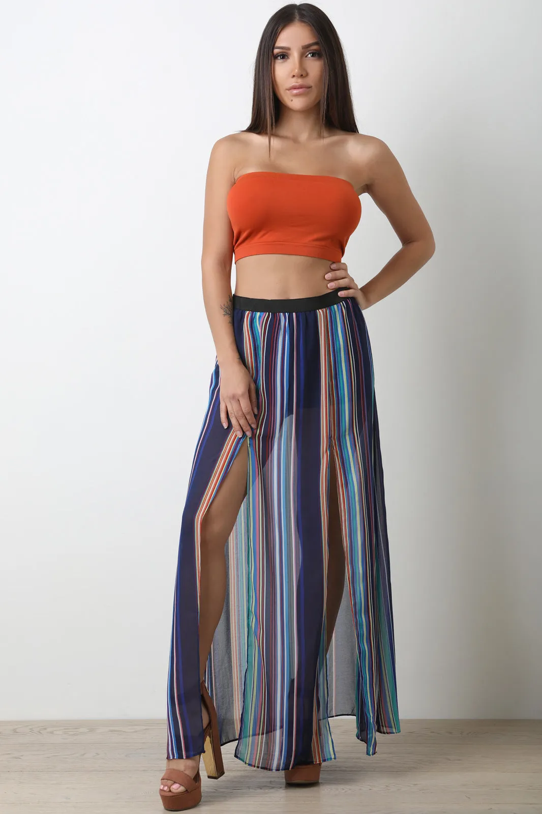 Semi-Sheer Striped M-Slit Maxi Skirt