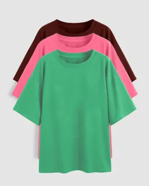 Set Of Three: Loose Fit Crew-Neck Drop Shoulder T-Shirt In Green., Light Pink And Dark Pink