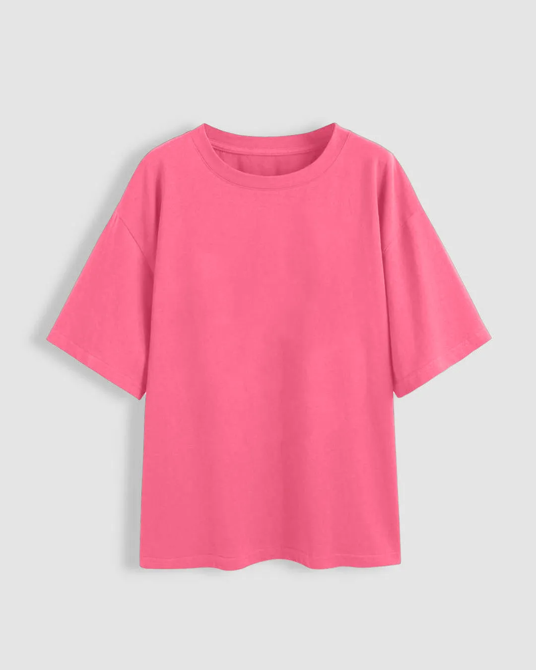 Set Of Three: Loose Fit Crew-Neck Drop Shoulder T-Shirt In Green., Light Pink And Dark Pink