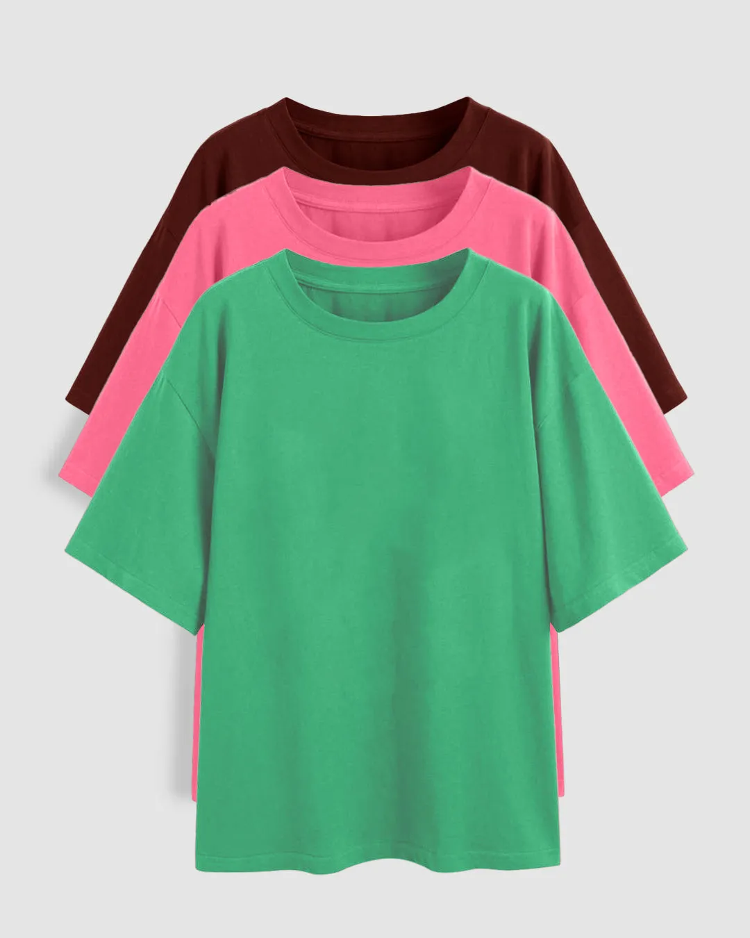 Set Of Three: Loose Fit Crew-Neck Drop Shoulder T-Shirt In Green., Light Pink And Dark Pink