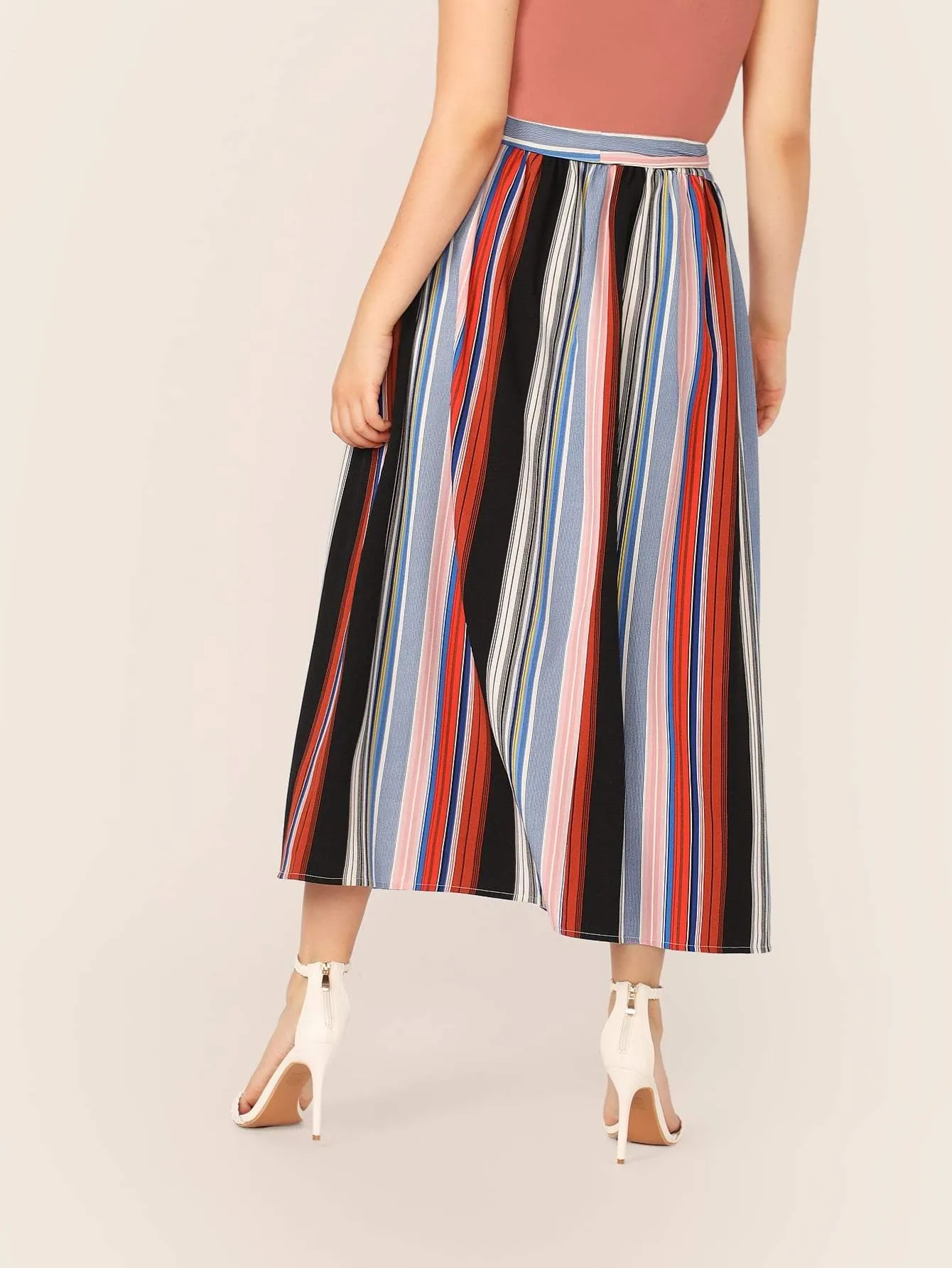 SHEIN Plus Colorful Striped Self Belted Skirt
