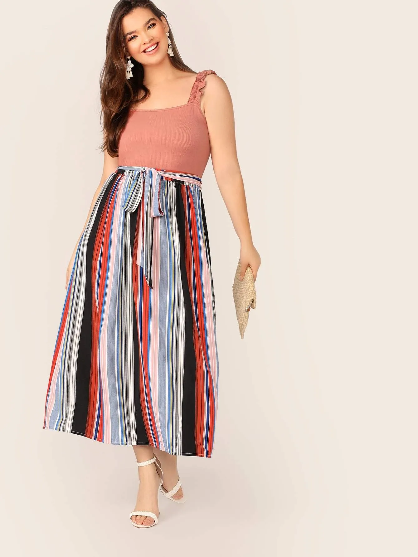 SHEIN Plus Colorful Striped Self Belted Skirt