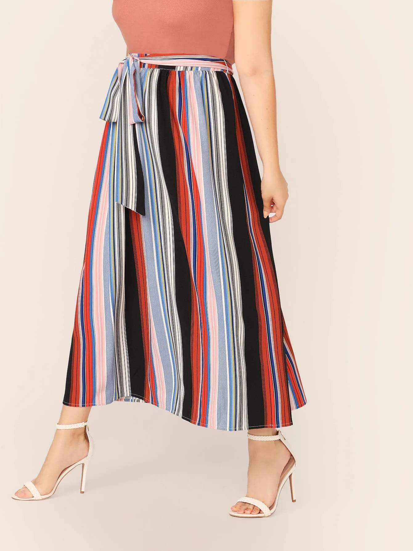 SHEIN Plus Colorful Striped Self Belted Skirt