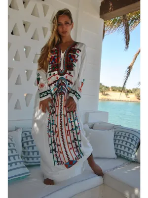 Siwa White Embroidered Long Sleeved Cotton Caftan