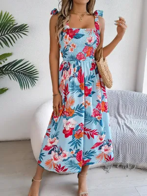 Smocked Floral Tie Shoulder Midi Dress