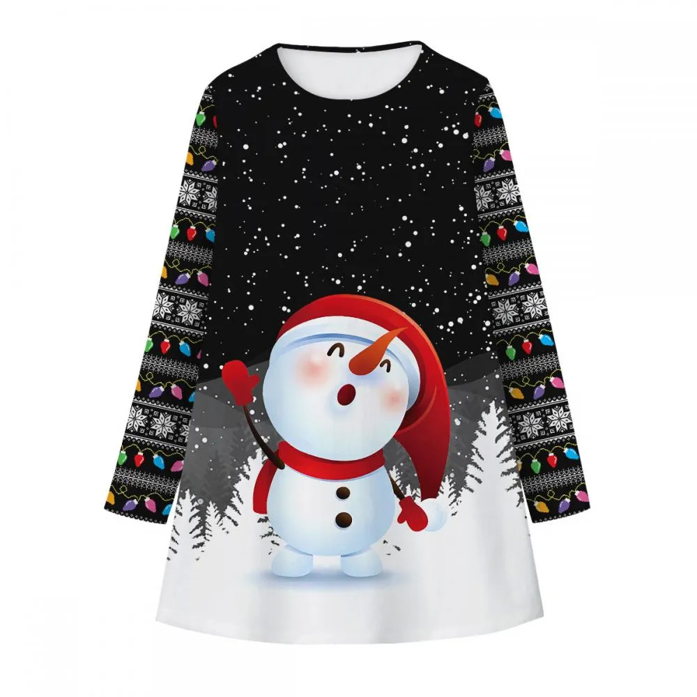 Snowman Christmas Print Girls Long Sleeve Dress wholesale Toddler Girls Dress