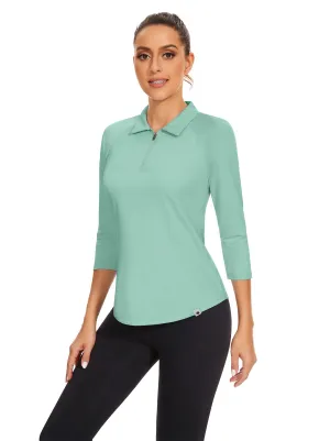Solid Green Quarter-zip 3/4 Sleeve Golf Polo Shirt For Women