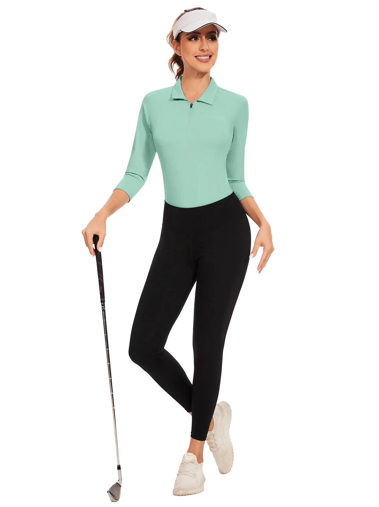 Solid Green Quarter-zip 3/4 Sleeve Golf Polo Shirt For Women