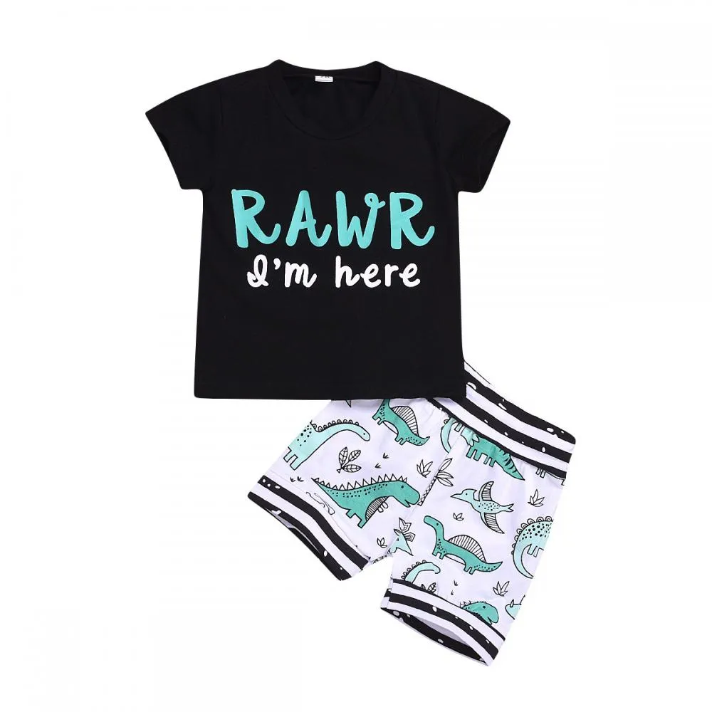 Summer Boys Outfit Dinosaur Print Short Sleeve T-Shirt Outfit Wholesale Baby Boy Clothes