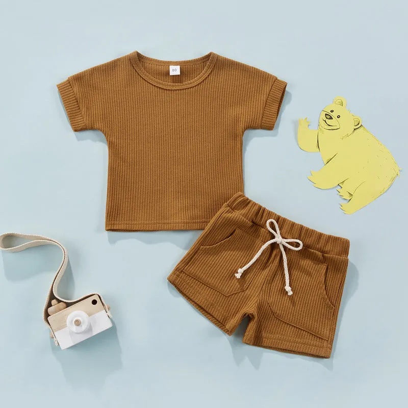 Summer Children's Short-sleeved Shorts Waffle Solid Color Suit Baby Wholesale Clothes