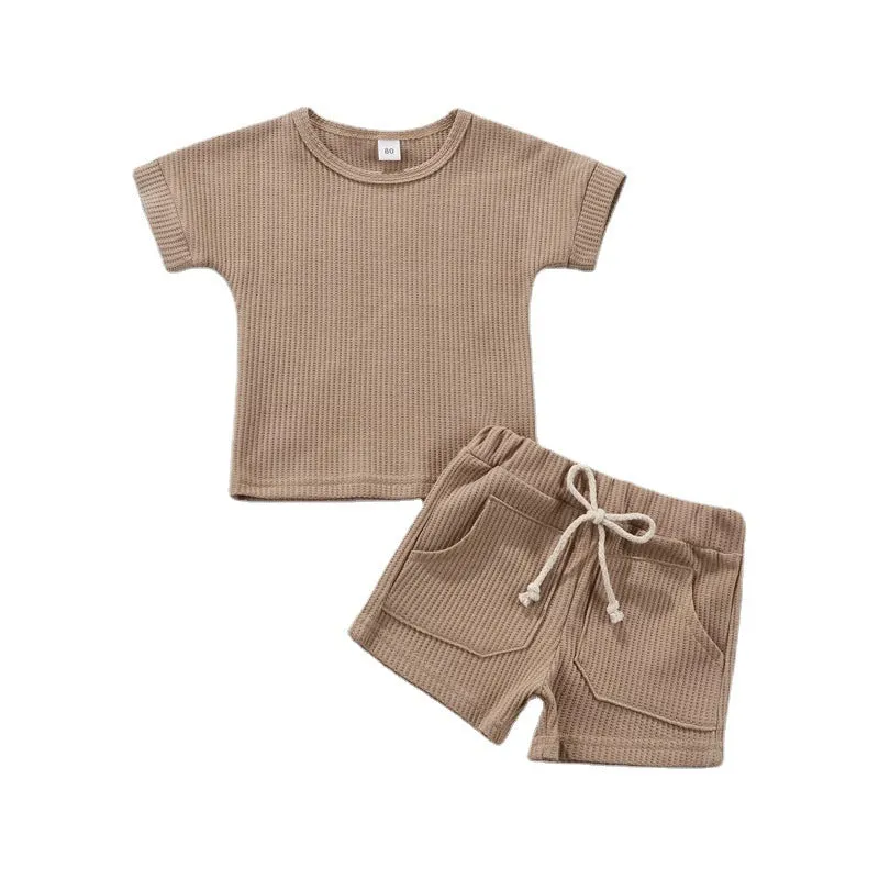 Summer Children's Short-sleeved Shorts Waffle Solid Color Suit Baby Wholesale Clothes