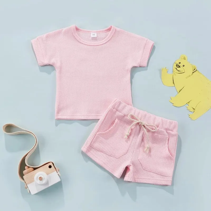 Summer Children's Short-sleeved Shorts Waffle Solid Color Suit Baby Wholesale Clothes