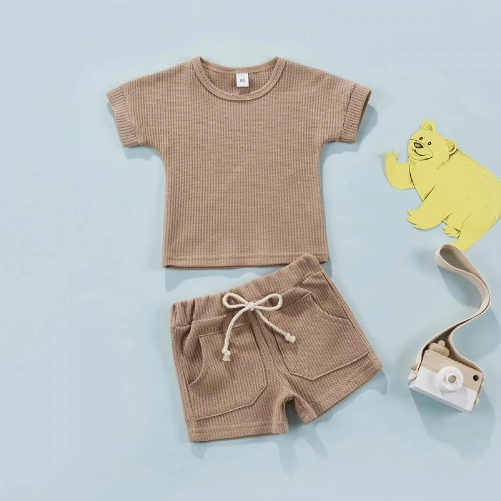 Summer Children's Short-sleeved Shorts Waffle Solid Color Suit Baby Wholesale Clothes