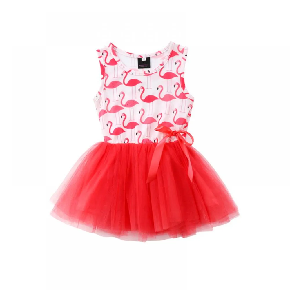 Summer Flamingo Girls Dress Ribbon Mesh Puff Princess Dress Wholesale Girls Clothing