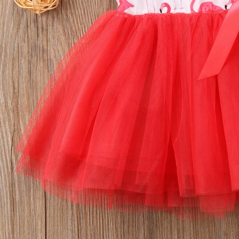 Summer Flamingo Girls Dress Ribbon Mesh Puff Princess Dress Wholesale Girls Clothing