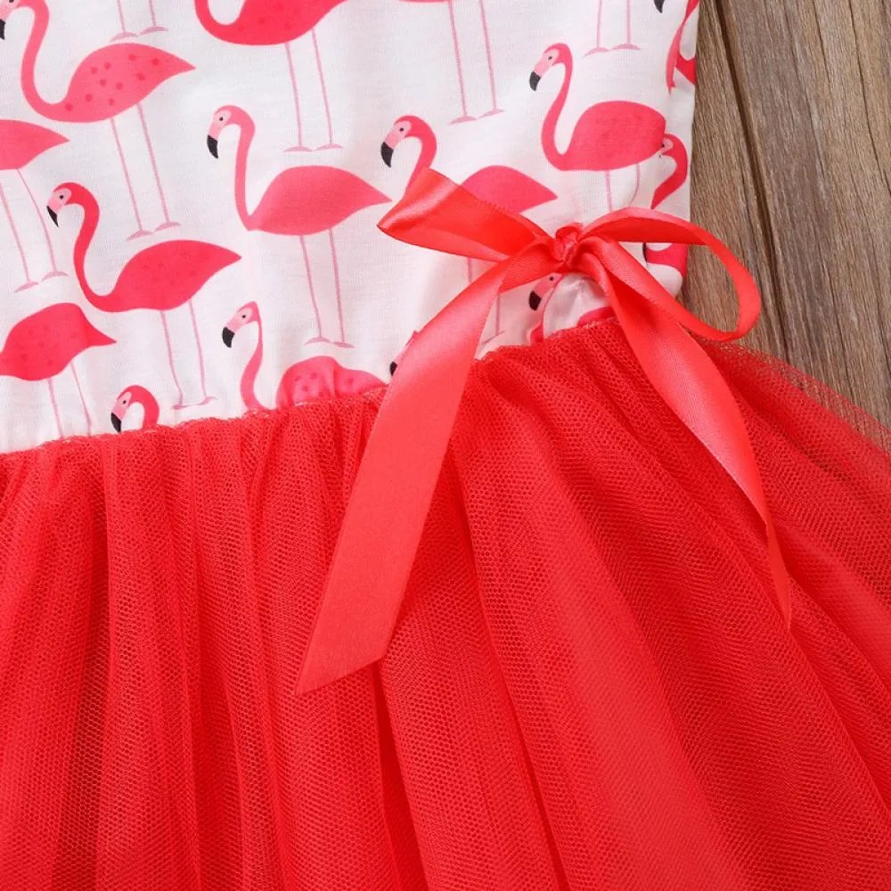 Summer Flamingo Girls Dress Ribbon Mesh Puff Princess Dress Wholesale Girls Clothing
