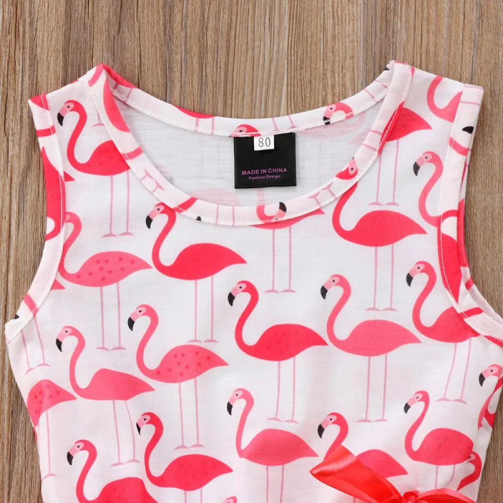 Summer Flamingo Girls Dress Ribbon Mesh Puff Princess Dress Wholesale Girls Clothing