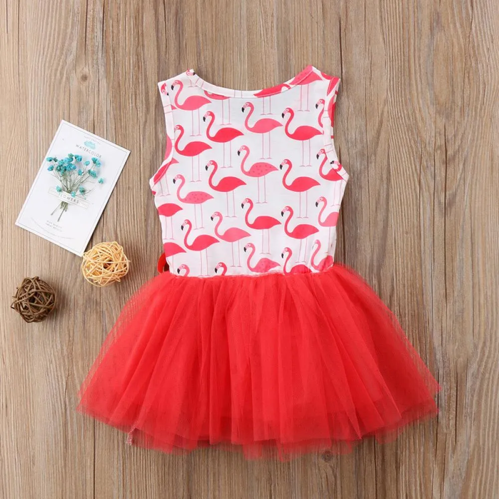 Summer Flamingo Girls Dress Ribbon Mesh Puff Princess Dress Wholesale Girls Clothing