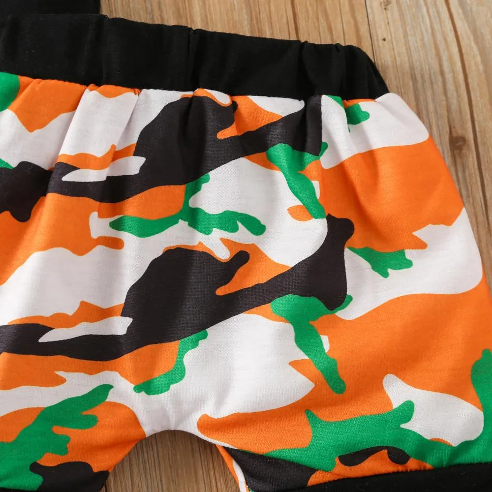 Summer Kids Set Letter Camo Print Hoodie Shorts Set Wholesale Baby Boy Clothes
