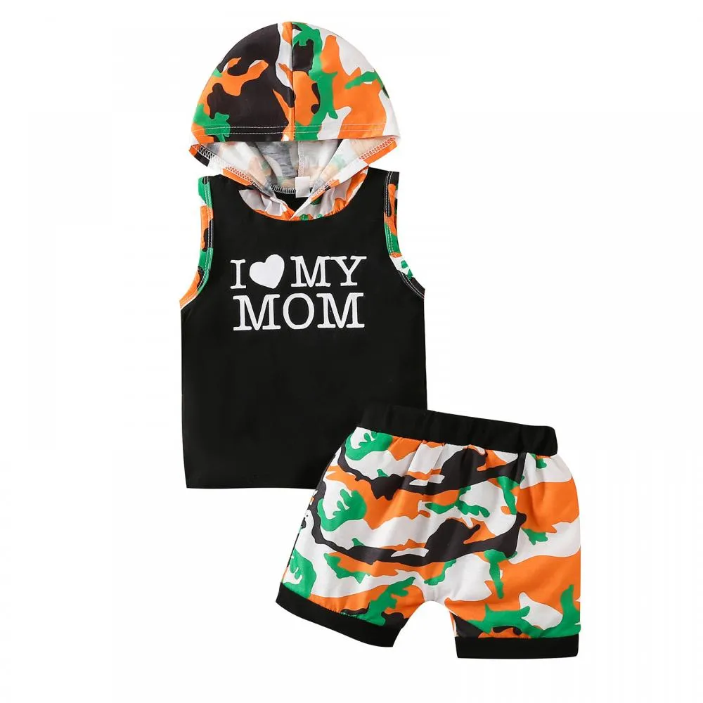 Summer Kids Set Letter Camo Print Hoodie Shorts Set Wholesale Baby Boy Clothes