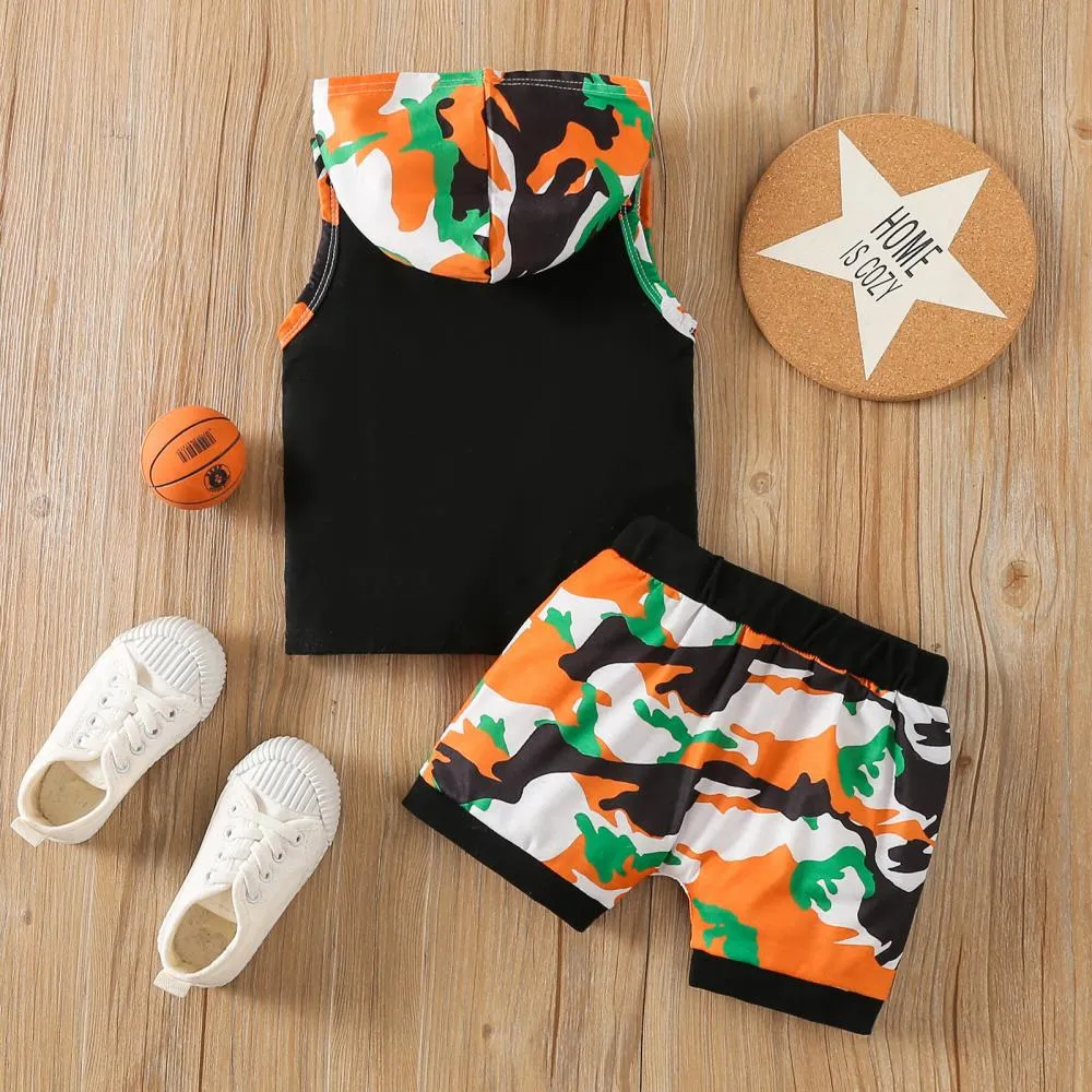 Summer Kids Set Letter Camo Print Hoodie Shorts Set Wholesale Baby Boy Clothes