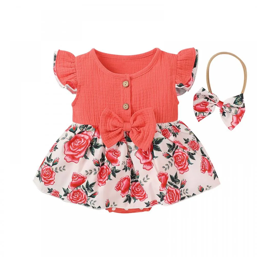 Summer Solid Color Cotton And Linen Ruffled Floral Romper Wholesale Girls Clothes