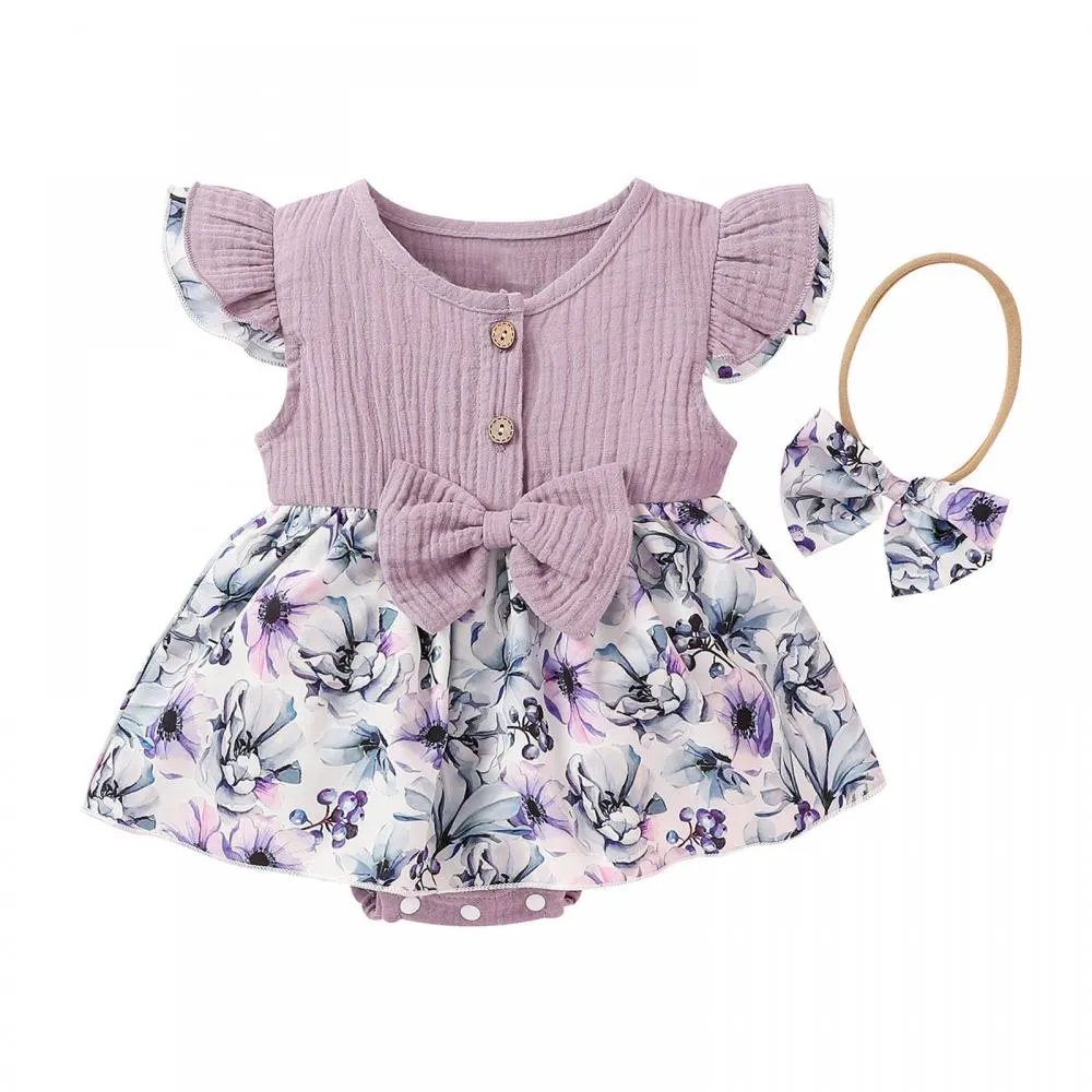 Summer Solid Color Cotton And Linen Ruffled Floral Romper Wholesale Girls Clothes