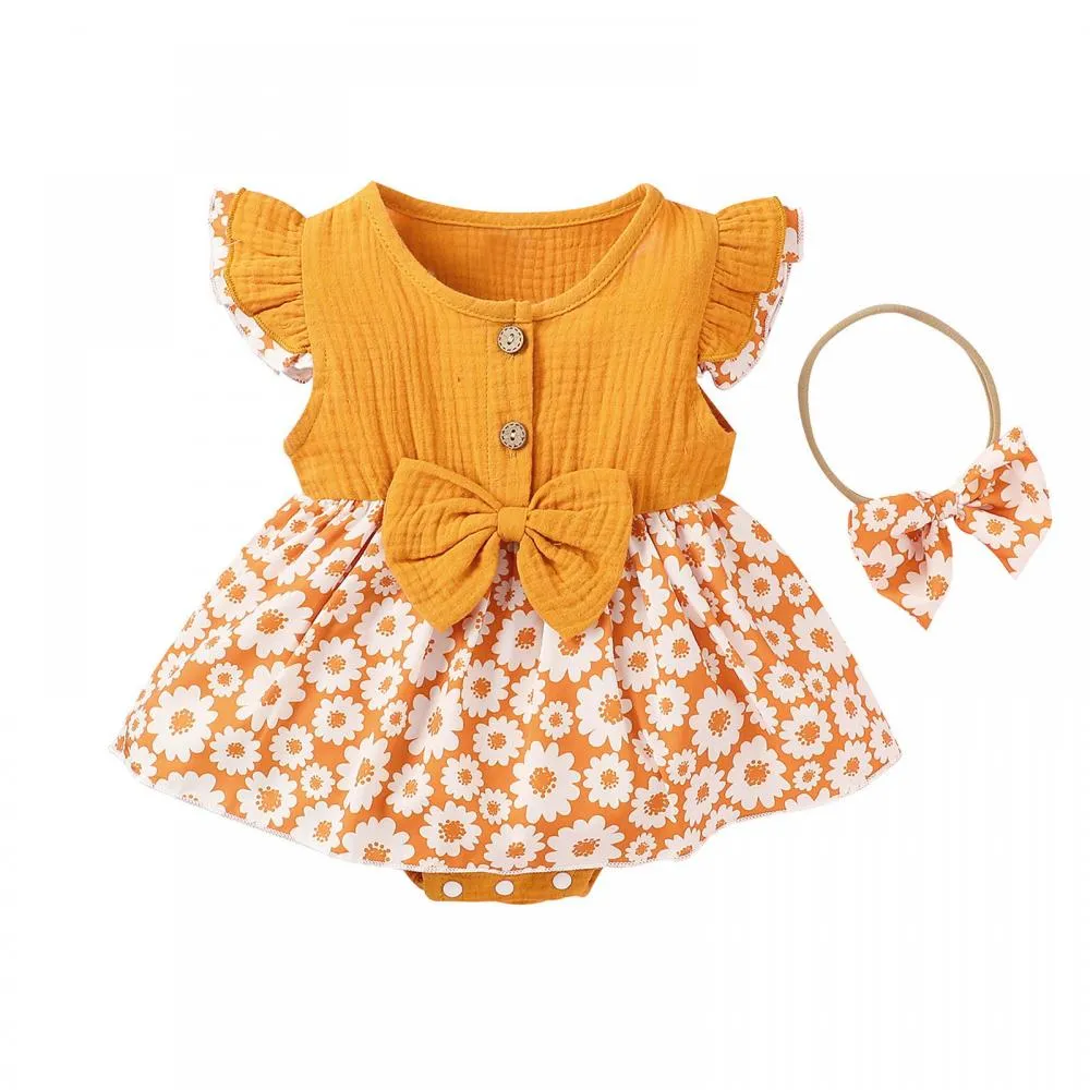 Summer Solid Color Cotton And Linen Ruffled Floral Romper Wholesale Girls Clothes