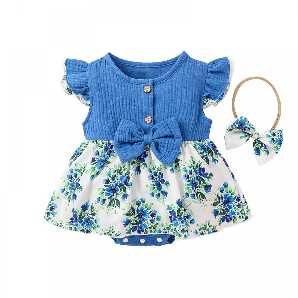 Summer Solid Color Cotton And Linen Ruffled Floral Romper Wholesale Girls Clothes