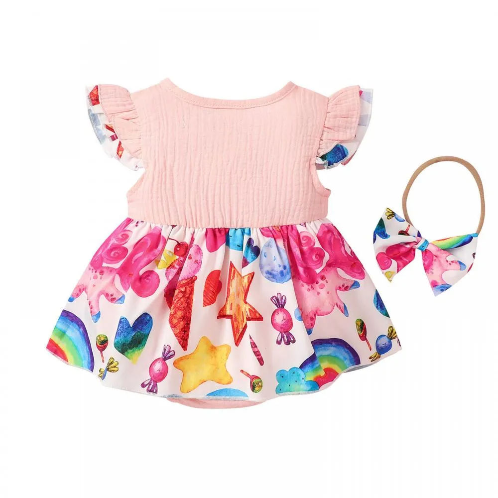 Summer Solid Color Cotton And Linen Ruffled Floral Romper Wholesale Girls Clothes